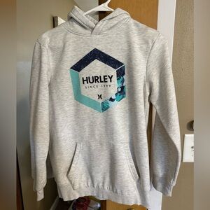 Kids Hurley Light Gray Hoodie with Blue and Teal Hexagon Design